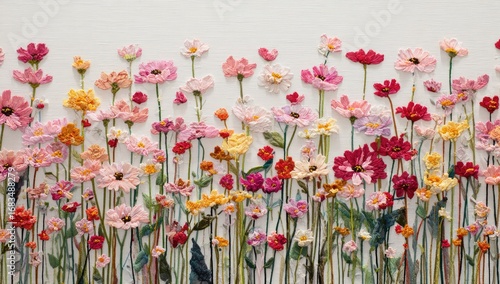 Hand-stitched cosmos field.  Vibrant flowers in  various pinks, reds, and yellows, densely packed, line the horizon