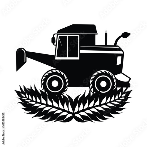 Black silhouette of a combine harvester with laurel wreath