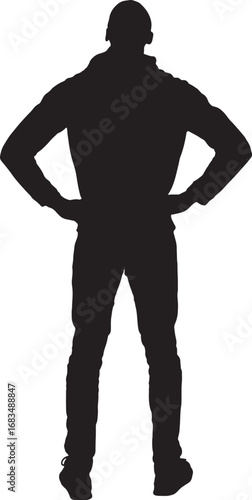 vector,silhouette of  back view of aman standing, arms akimbo and look up