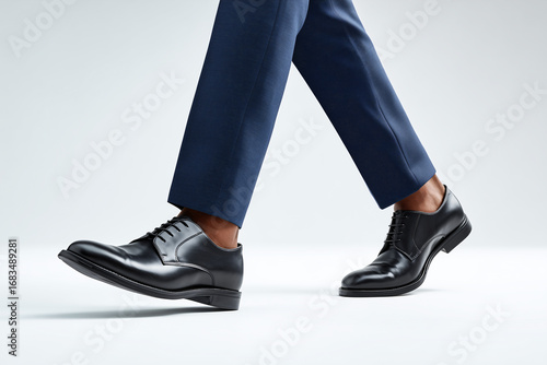 Elegant footwear, showcasing a person in formal attire, with a focus on sleek black leather shoes, and a polished look, as the person walks.