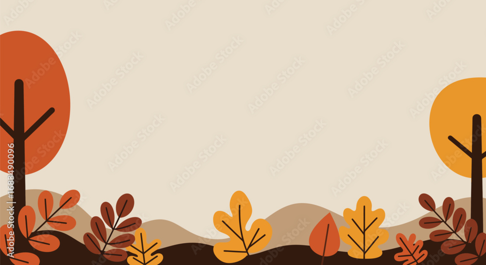 Fototapeta premium Autumnal scene featuring stylized trees, leaves, and a neutral background, evoking the season.
