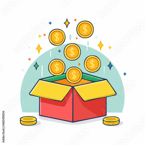 Financial prosperity illustration with coins emerging from a box