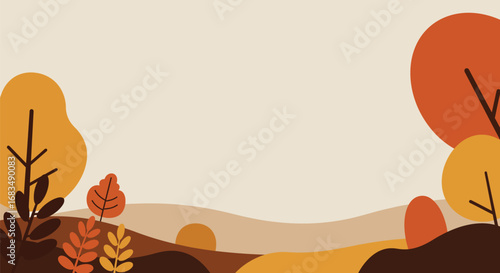 Autumnal landscape illustration with stylized trees and hills in warm, earthy tones.