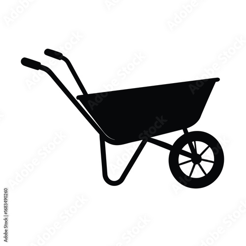 Black silhouette of a garden wheelbarrow with spoked wheel