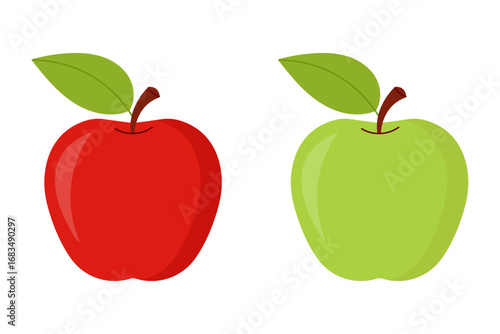 Cartoon cut illustration of red and green apples, simple minimal style.