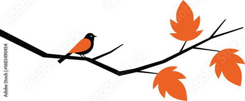 A small bird sits on a branch with three orange leaves, depicted in a simple, graphic style.