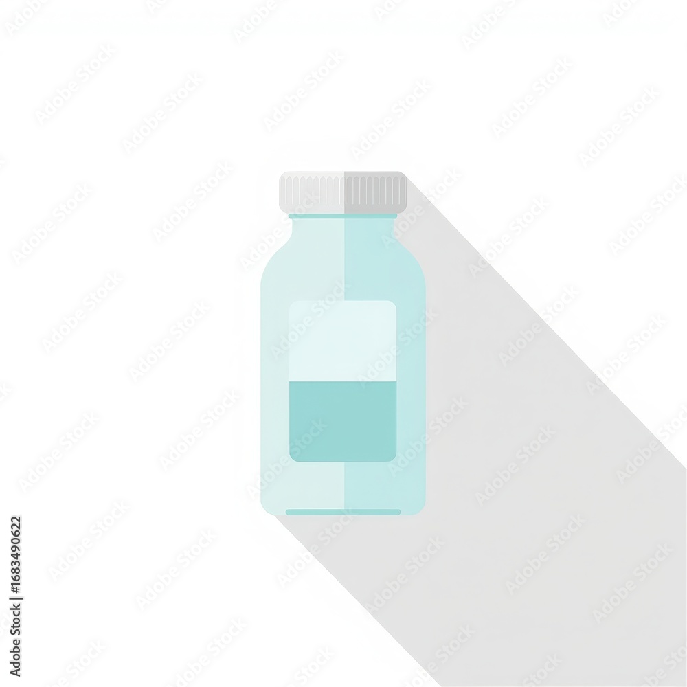 Fototapeta premium A light teal glass bottle with a white cap, displaying a simple rectangular label, sits against a white background.