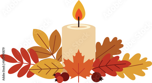 A lit candle surrounded by colorful autumn leaves, creating a warm and festive scene.