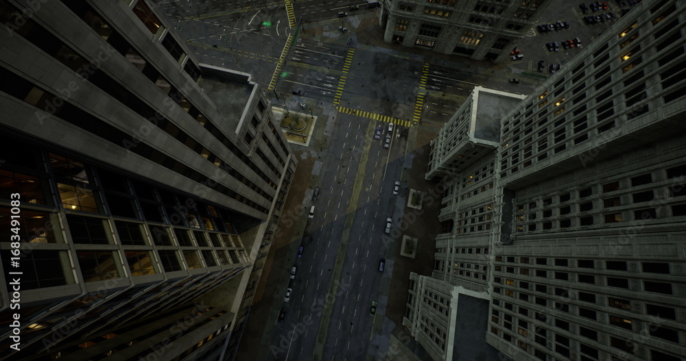 Fototapeta premium Towering buildings encircle the busy streets as twilight casts a soft glow. Cars venture through the thoroughfare while city life pulses in the background, creating an electric atmosphere.