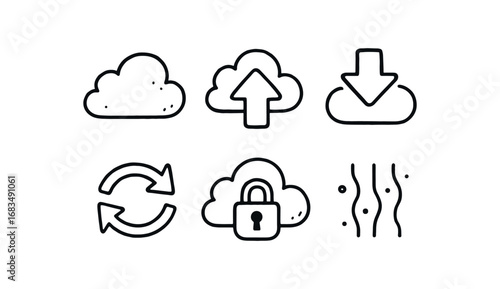 hand drawn cute doodle style line isolated on white background: cloud storage upload arrow download arrow sync loop cloud lock data stream