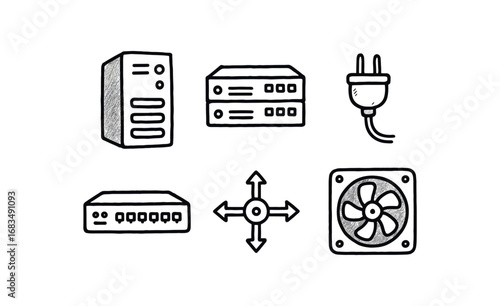 hand drawn cute doodle style line isolated on white background: server tower rack unit power plug network switch data hub cooling vent