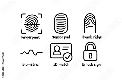 hand drawn cute doodle style line isolated on white background: fingerprint scan sensor pad thumb ridge biometric line id match unlock sign