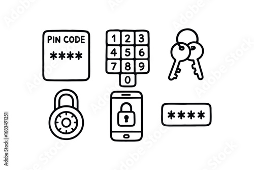 hand drawn cute doodle style line isolated on white background: pin code number pad access key lock digit phone lock secure input