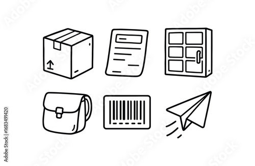 hand drawn cute doodle style line isolated on white background: package box waybill slip locker bin courier bag barcode code dispatch