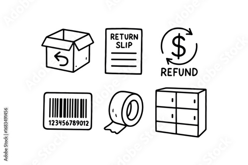 hand drawn cute doodle style line isolated on white background: return box return slip refund barcode label parcel tape locker bin