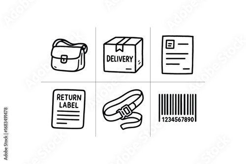 hand drawn cute doodle style line isolated on white background: courier bag delivery shipping slip return label cargo strap barcode code