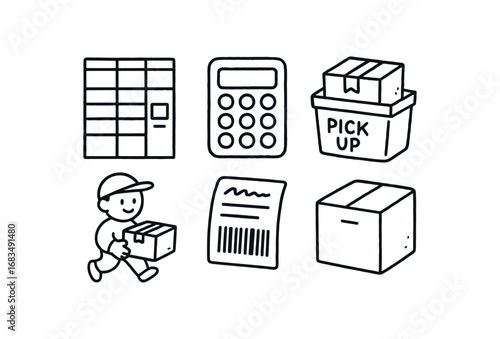 hand drawn cute doodle style line isolated on white background: parcel locker code pad pickup bin delivery barcode slip storage box