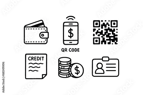 hand drawn cute doodle style line isolated on white background: digital wallet mobile pay qr code credit slip coin stack id card