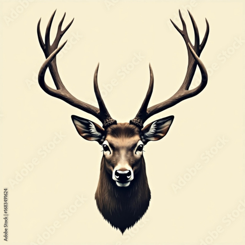 Majestic Deer Head Portrait: A regal buck with impressive antlers gazes directly at the viewer in this striking studio portrait. Featuring a detailed close-up shot.