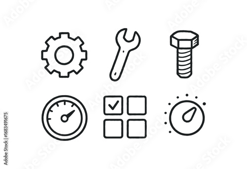 hand drawn cute doodle style line isolated on white background: gear wheel wrench tool screw bolt system dial option grid control knob