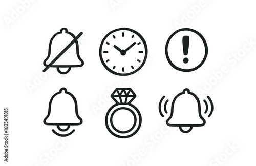 hand drawn cute doodle style line isolated on white background: notification bell mute line clock face alert badge wake ring