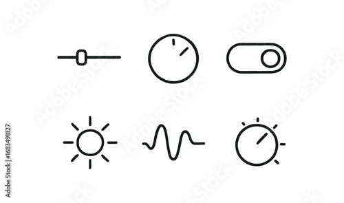 hand drawn cute doodle style line isolated on white background: slider bar volume knob toggle switch equalizer line brightness sun adjust dial