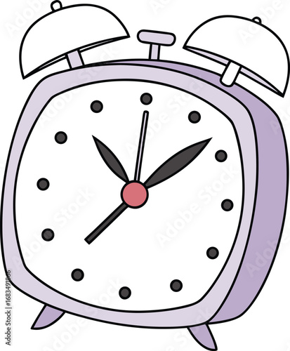 Vector art of a cartoon illustration of a purple alarm clock with two bells on top, isolated on a