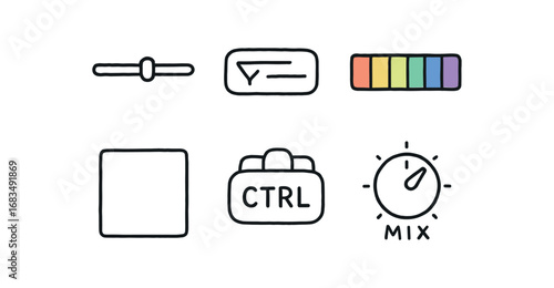 hand drawn cute doodle style line isolated on white background: range slider filter bar color scale opacity grid control tab mix knob