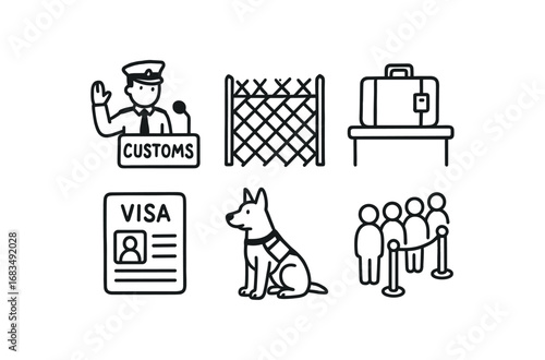 hand drawn cute doodle style line isolated on white background: customs checkpoint border fence luggage desk paper patrol dog queue line