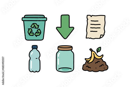 hand drawn cute doodle style line isolated on white background: recycle bin green arrow paper scrap plastic bottle glass jar compost pile