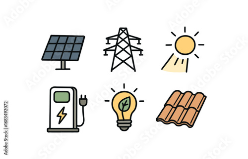 hand drawn cute doodle style line isolated on white background: solar cell energy grid daylight beam charging station green power roof tile