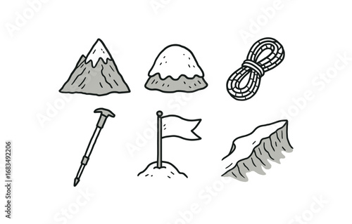 hand drawn cute doodle style line isolated on white background: mountain peak snow cap climbing rope hiking stick summit flag glacier ridge
