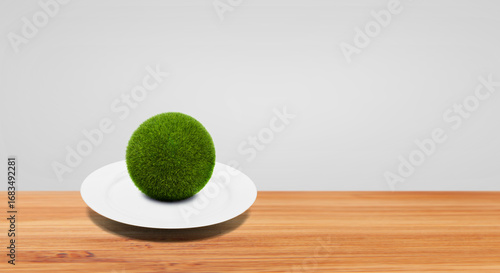 Weisser Essteller auf einem Holztisch vor heller Wand