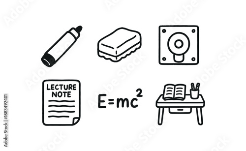 hand drawn cute doodle style line isolated on white background: whiteboard marker eraser wipe mount lecture note math formula study desk