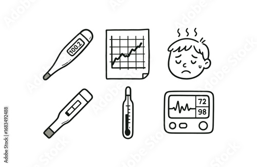 hand drawn cute doodle style line isolated on white background: digital thermometer fever chart patient face test strip mercury tube vitals screen