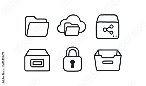hand drawn cute doodle style line isolated on white background: digital folder cloud file shared drive data archive access lock storage bin