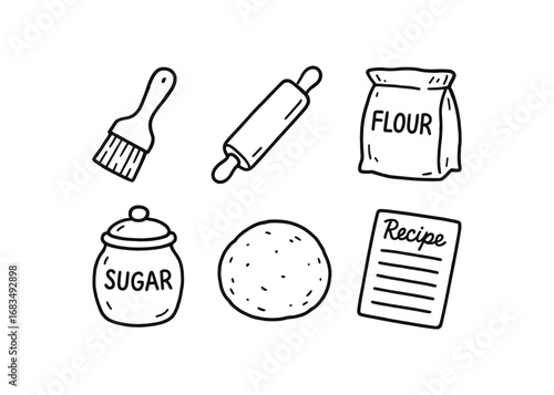 hand drawn cute doodle style line isolated on white background: pastry brush rolling pin flour bag sugar jar dough ball recipe card