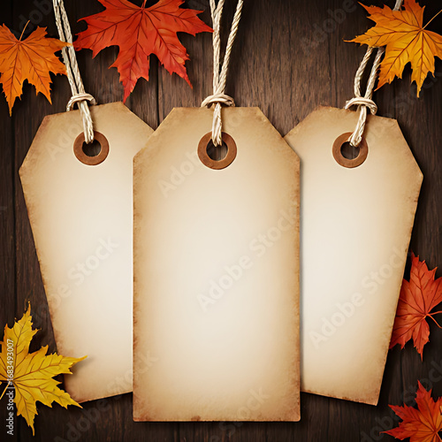 Vintage Paper Tags with Autumn Leaves on Wooden Background