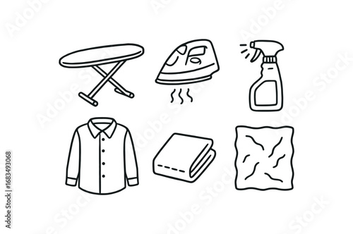 hand drawn cute doodle style line isolated on white background: ironing board steam iron pressed shirt laundry spray fold line wrinkle cloth