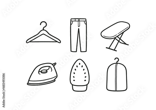 hand drawn cute doodle style line isolated on white background: shirt hanger dress pant ironing pad heat plate iron rest fabric cover