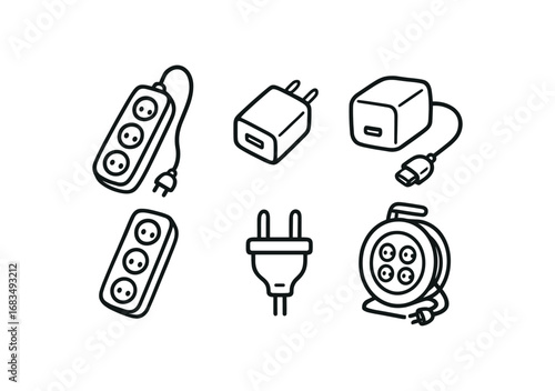 hand drawn cute doodle style line isolated on white background: extension cord usb charger charging brick socket strip plug prong cable reel