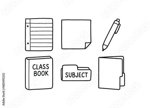 hand drawn cute doodle style line isolated on white background: ruled paper sticky note pen class book subject tab pocket folder