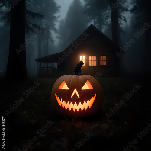 Glowing Jack-O'-Lantern in Dark Forest with Haunted Cabin – Halloween Night Scene