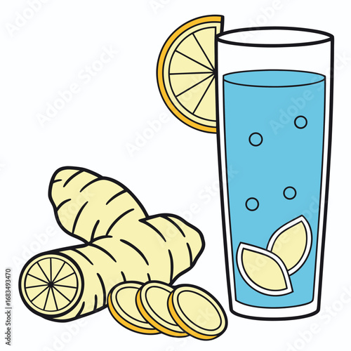 Vector art of a refreshing glass of blue lemonade with ginger and lemon slices, isolated on a