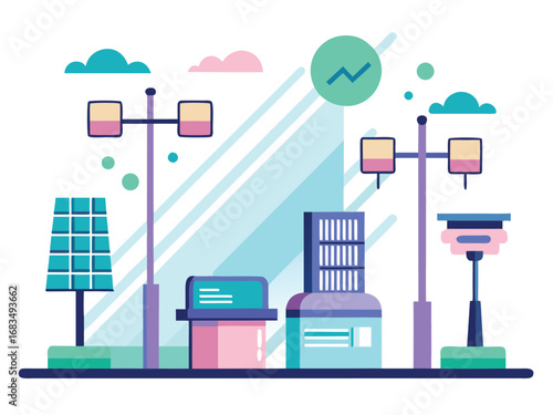 Modern smart street lighting system with solar power and cityscape elements