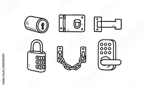 hand drawn cute doodle style line isolated on white background: lock cylinder door hasp latch bolt combination padlock security chain keypad lock