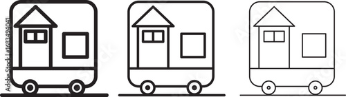 Mobile home icon, tiny house on wheels vector illustration. camping trailer outline drawing design element