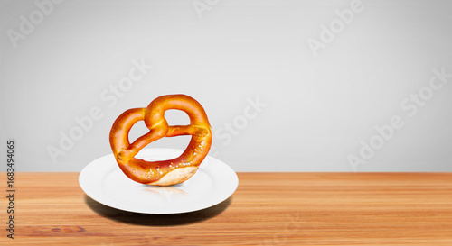 Weisser Essteller mit Brezel  auf einem Holztisch vor heller Wand