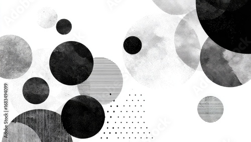Abstract grayscale circles and shapes on white background