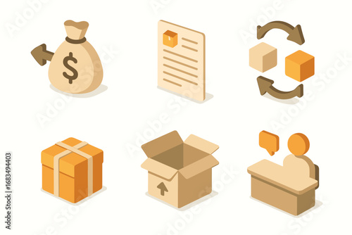isometric icon items isolated on white background refund bag shipping slip exchange product wrap restock box customer desk